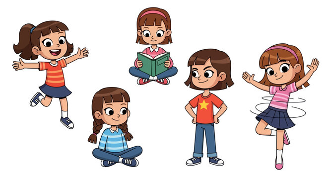 Group of young girls engaging in various playful activities and reading together