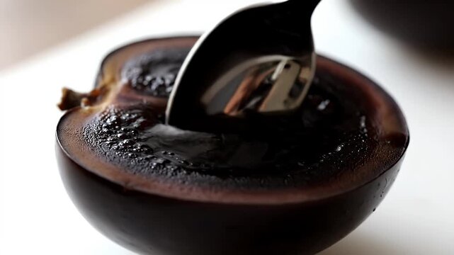 Spoon Scooping Dark Black Sapote Chocolate Pudding Fruit Pulp