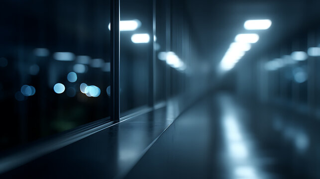 Illuminated Perspective of a Long Hallway with glass facade, evoking a sense of modernism and depth