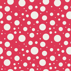 Seamless polka dot pattern in vibrant pink-red with off-white dots and soft lilac accents. Bold trendy repeat for fashion textiles, wallpaper, packaging, gift wrap and backgrounds.