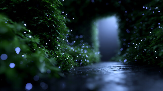 A mystical pathway leading to a glowing portal within a lush garden. The scene is illuminated by enchanting lights and hints at an inviting passage