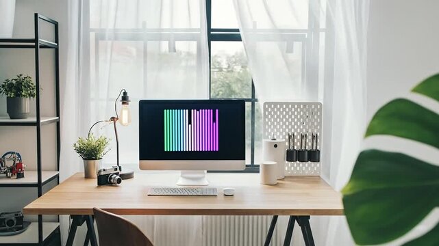 Modern computer setup on a wooden desk with a large window and plants, perfect for remote work or creative studio