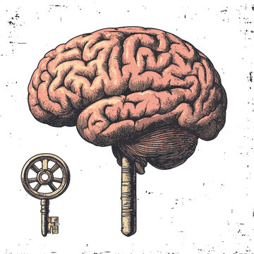 Vintage drawing brain and wind up key on white BG , vector style simple color