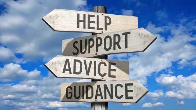 Road Sign of Help, Support, Advice, and Guidance Points Towards a Clear Path in Life