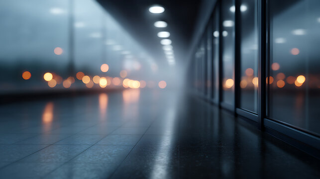 A mysterious indoor corridor illuminated by lights, with a touch of mist that create a dramatic ambiance