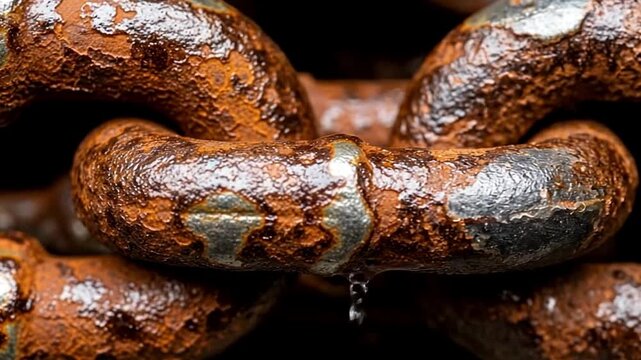 A compelling macro shot captures the intricate details of an aged, heavily rusted metal chain. The close-up reveals the rich, textured patterns of corrosion, with shades of deep orange, brown, and hin