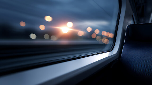 A train's view from inside the carriage during sunset and its bokeh lights outside the window