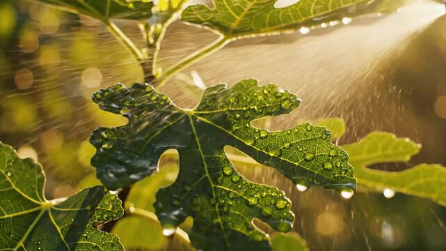 Close-up of fig leaf being sprayed with water droplets in golden hour sunlight
