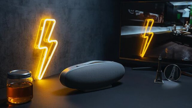 Modern electronic device on a dark surface with neon lightning bolt lights creating an energetic atmosphere