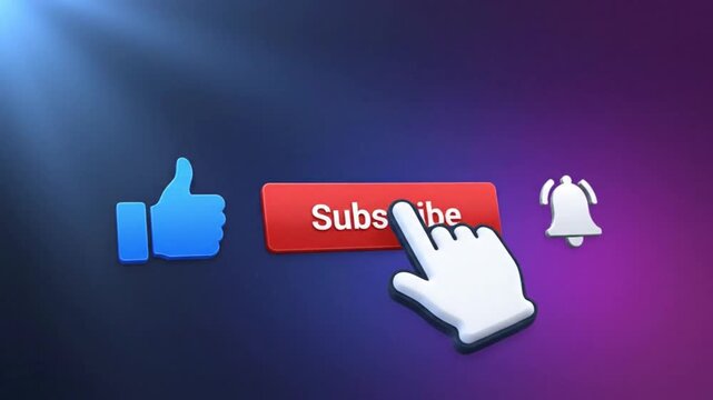 Close-up shot of a computer cursor clicking a red Subscribe button with a blue thumbs up icon and a white bell icon on a gradient purple and blue background.
