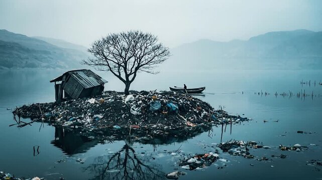 Environmental pollution island with a tree and a small shack and a person in a boat