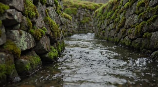 A peaceful nature river video where the camera focuses on smooth water flowing gently between mossy stone walls highlighting natural textures subdued light earthy color tones and a soothing untouched 
