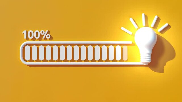 Illumination, innovation and progress represented by a glowing lightbulb and a 100% complete loading bar on a vibrant orange background, symbolizing achievement and successful completion