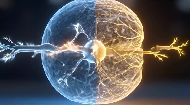 Dynamic visualization of a central neuron with bifurcated energy flows in contrasting blue and yellow hues.