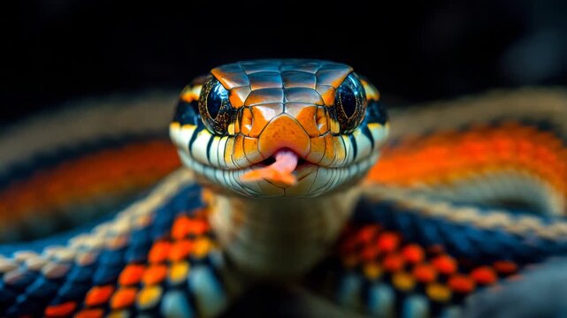 Colorful snake flicking tongue close-up  