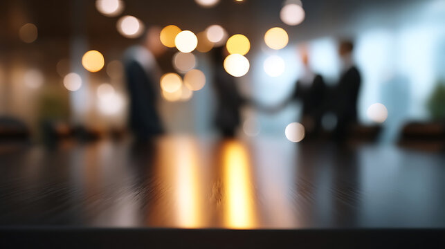 A blurred business meeting scene showcasing negotiation and collaboration around a table. Abstract bokeh lights add depth and intrigue