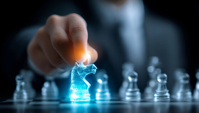 A glowing chess piece is lifted by a focused player, showcasing strategy and concentration in a game of chess.