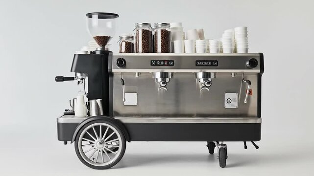 Mobile coffee cart with espresso machine and supplies, perfect for events and outdoor coffee service