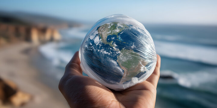 A hand holds a globe wrapped in plastic, symbolizing environmental issues and the need for preservation of our planet's resources.