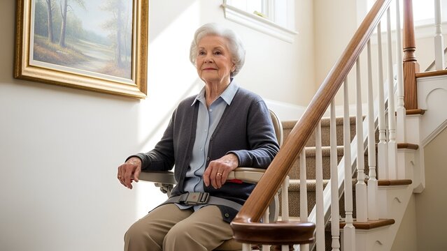 Elderly woman ascending staircase using stairlift with serene expression near artwork