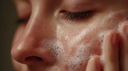 Fototapeta premium Close-up of a person washing their face with cleanser.