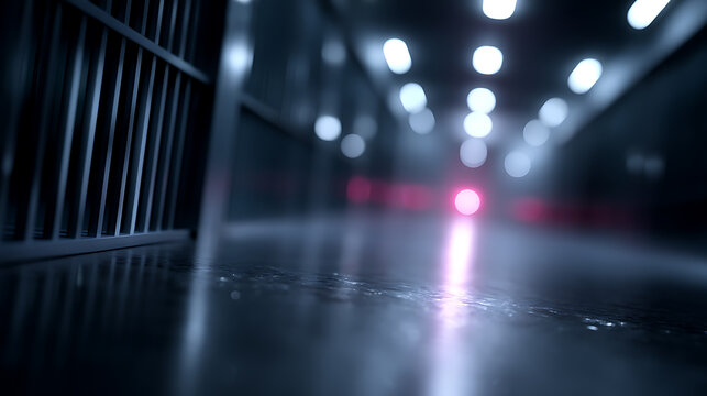 An eerie perspective of a prison corridor with a cell and ominous lighting. The scene evokes a sense of confinement and tension