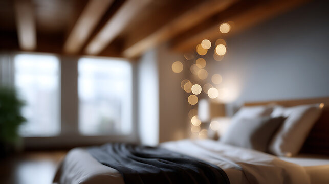A cozy bedroom with a blurred background, featuring a bed and soft lighting