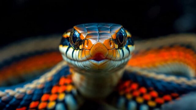 Colorful snake flicking tongue close-up  
