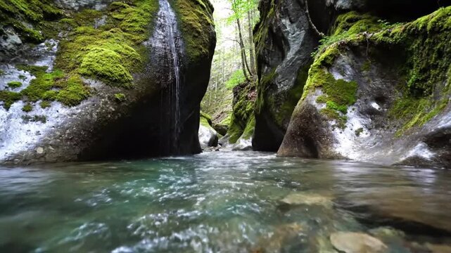 A tranquil river video capturing slow moving water pressed tightly between ancient mossy rock walls the camera remains low near the surface emphasizing gentle motion natural shadows earthy colors and 
