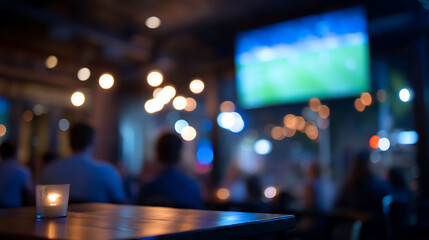 Fototapeta premium Atmospheric scene in a dimly lit bar, blurred with people gathered watching a screen. A candle provides a soft, warm glow in the foreground