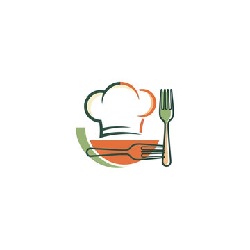 Chef hat with fork and spoon kitchen utensils logo design.