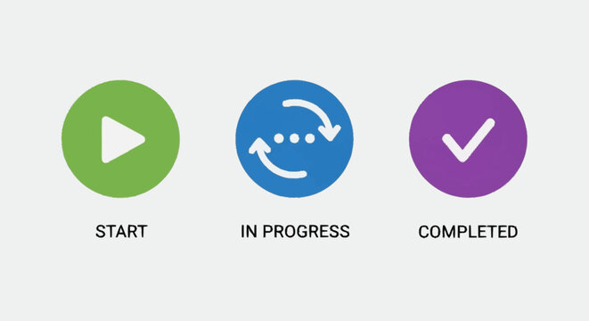 Project Management Icons Showing Start In Progress and Completed Stages.