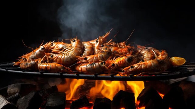 Grilled shrimp cooking over open flames
