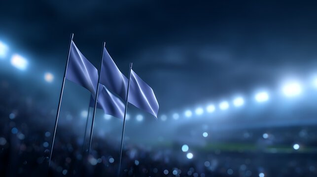 A dramatic shot of waving flags in a packed stadium under the lights, creating a sense of anticipation and excitement