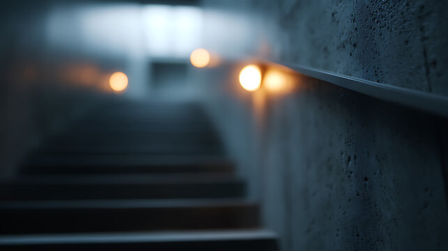 An atmospheric photo of a staircase with soft lighting, evoking a sense of mystery and depth. The stairway ascends into obscurity, its textures hinting at age and history