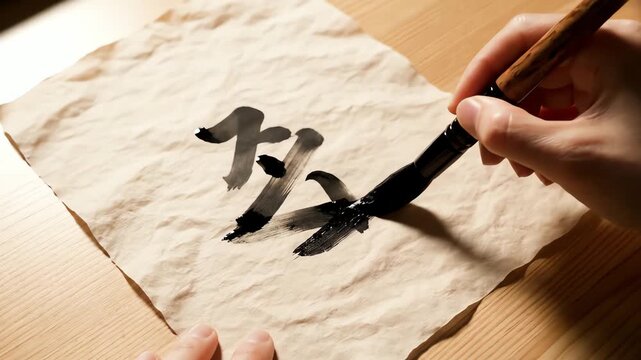 Close up of a hand writing traditional calligraphy with an ink brush on crumpled paper for an Asian cultural art concept and mindful practice