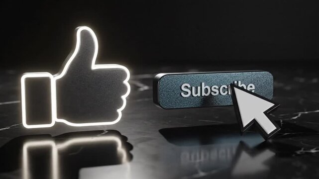 Glowing thumbs-up icon and a computer mouse cursor clicking on a 'Subscribe' button on a reflective surface with a dark background.