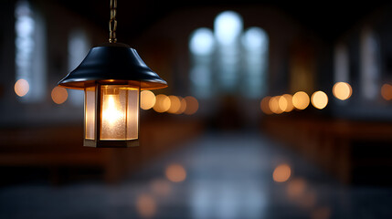 A dimly lit sanctuary with a hanging lantern in the foreground and blurred candles in the background. The scene evokes a sense of peace and contemplation.