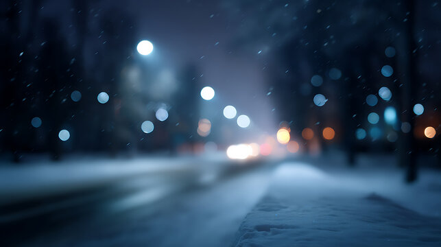 A blurry street scene at night in the snow with city lights shining and reflecting
