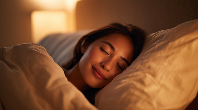 枕に頭を預けて静かに眠る女性の夜の睡眠と安らかな休息