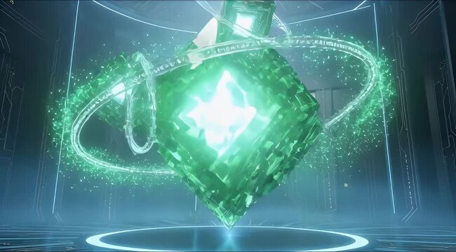A luminous green energy cube artifact suspended in a futuristic chamber, surrounded by swirling magical particles and light effects.