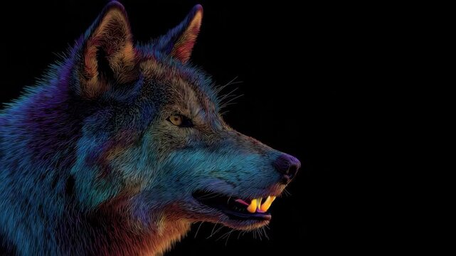 Fierce colorful wolf growling in dark