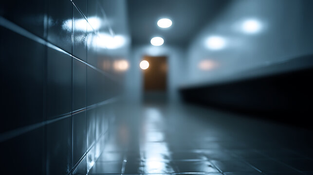 A dimly lit corridor with a blurred out background, creating a sense of mystery and depth. The tiled wall and ceiling lights add to the modern aesthetic
