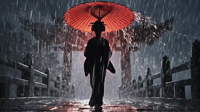 Silhouette of a geisha holding a red umbrella in the rain.