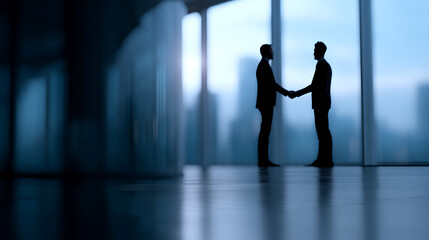 Fototapeta premium Two men shaking hands in a modern office, representing a successful agreement or partnership