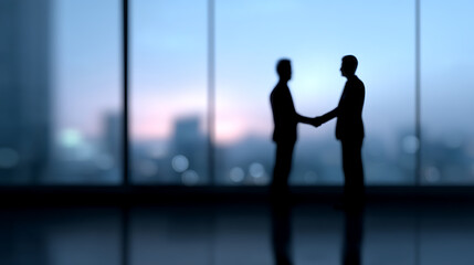 Fototapeta premium Two people shaking hands as a sign of agreement in an office building with a city view