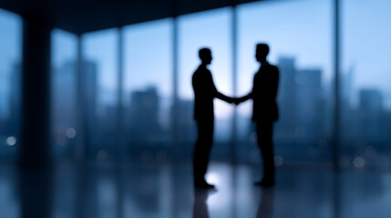 Fototapeta premium Silhouette of two individuals shaking hands, symbolizing agreement and partnership with cityscape backdrop. This photograph suggests a successful transaction or collaboration