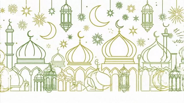 Islamic mosque and crescent moon pattern with lanterns and stars seamless background.