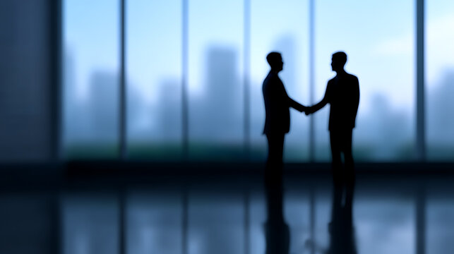Silhouette of two individuals shaking hands in a modern, professional setting
