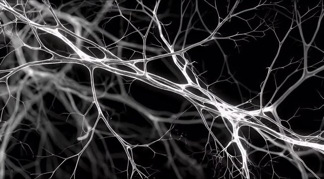 Intricate white branching network resembling neural pathways against a dark background.
